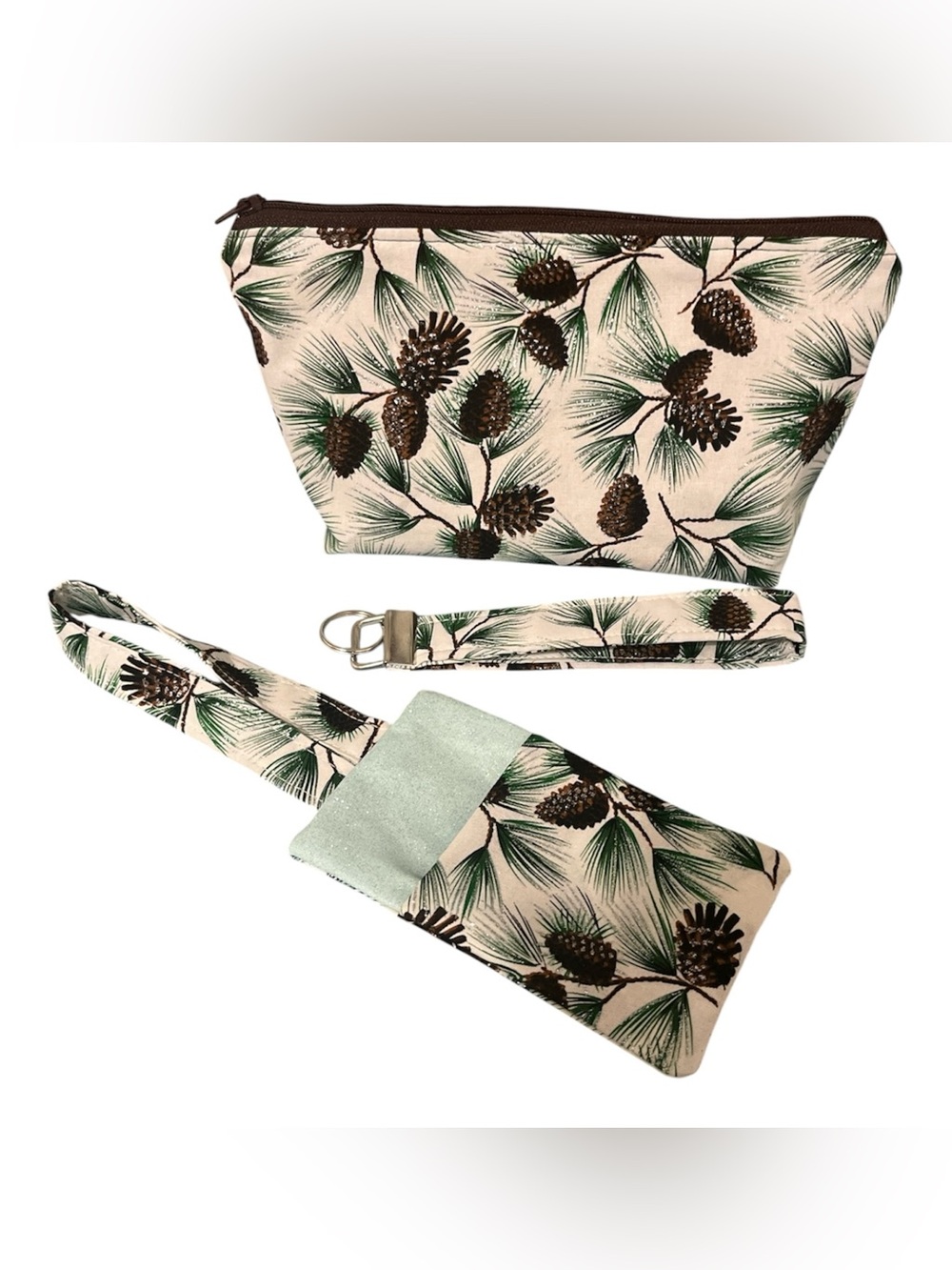 Pinecone Print Wristlet & Pouch Set - Green Brown Pine Needles